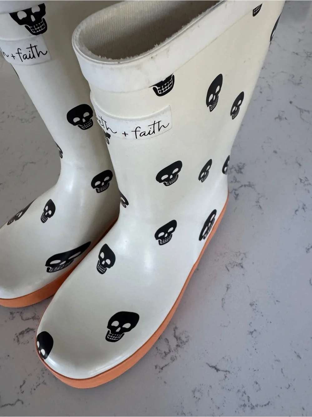 Elisabeth + Faith Kids White Skull Rain Boots with Orange Sole